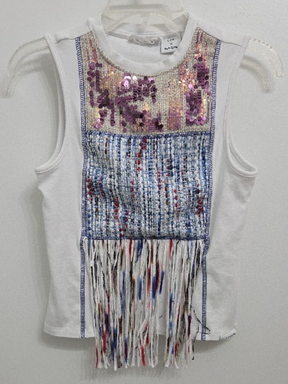 Desigual White Tank Top with Pink Sequin Yoke and Blue Woven Panel - Picture 4 of 8